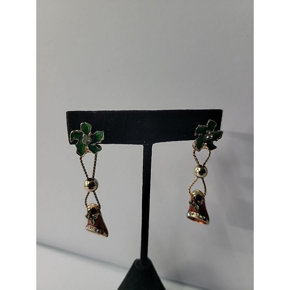 Vintage Enamel Christmas Bell Dangle Earrings Pierced Holly Leaves Red Green